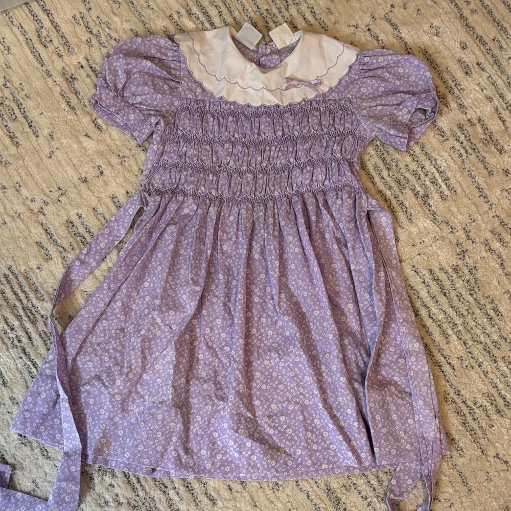 Purple Floral Smocked Dress with White Collar